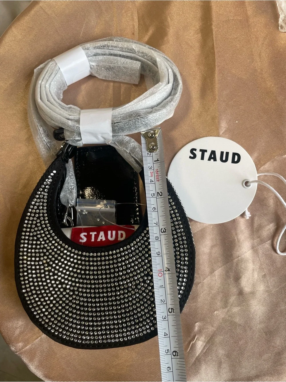 STAUD NWT Micro Moon Crystal Rhinestone Black Leather Crossbody Bag